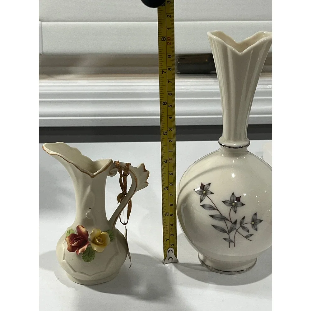 Vintage Lenox Bud Vase and Arnart Miniature Porcelain Pitcher Set Ivory Floral